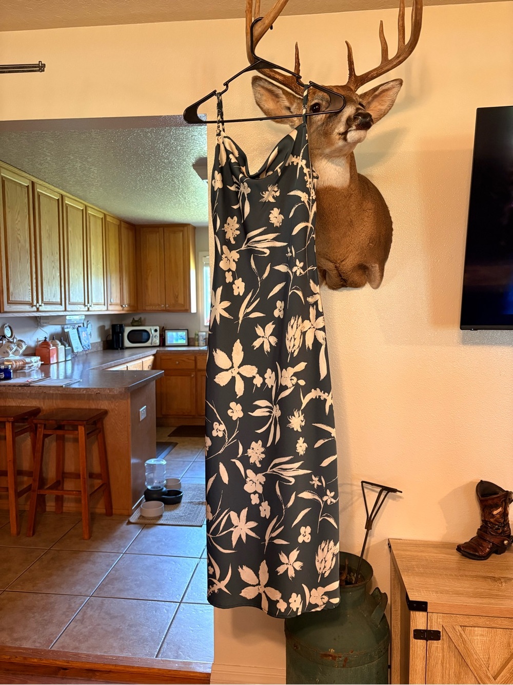 Floral Slip Dress in Dark Teal with Cream Blooms